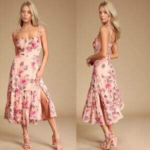 NWT Lulus Tea Party Chic Pink Floral Print Tie-Strap Tiered Midi Dress Size S